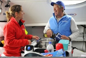 Cooking is always an agreable moment onboard Bostik, here between Alexia Barrier and Phil Paxton on the Transatlantic Cherbourg